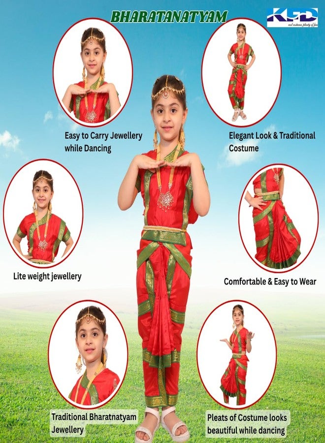 كاكو فانسي دريسيس فستان رقص بهاراتناتيام للأطفال من كاكو فانسي دريسز مع طقم مجوهرات وإكسسوارات - أحمر، مقاس 10-12 سنة، للبنات - Image 2